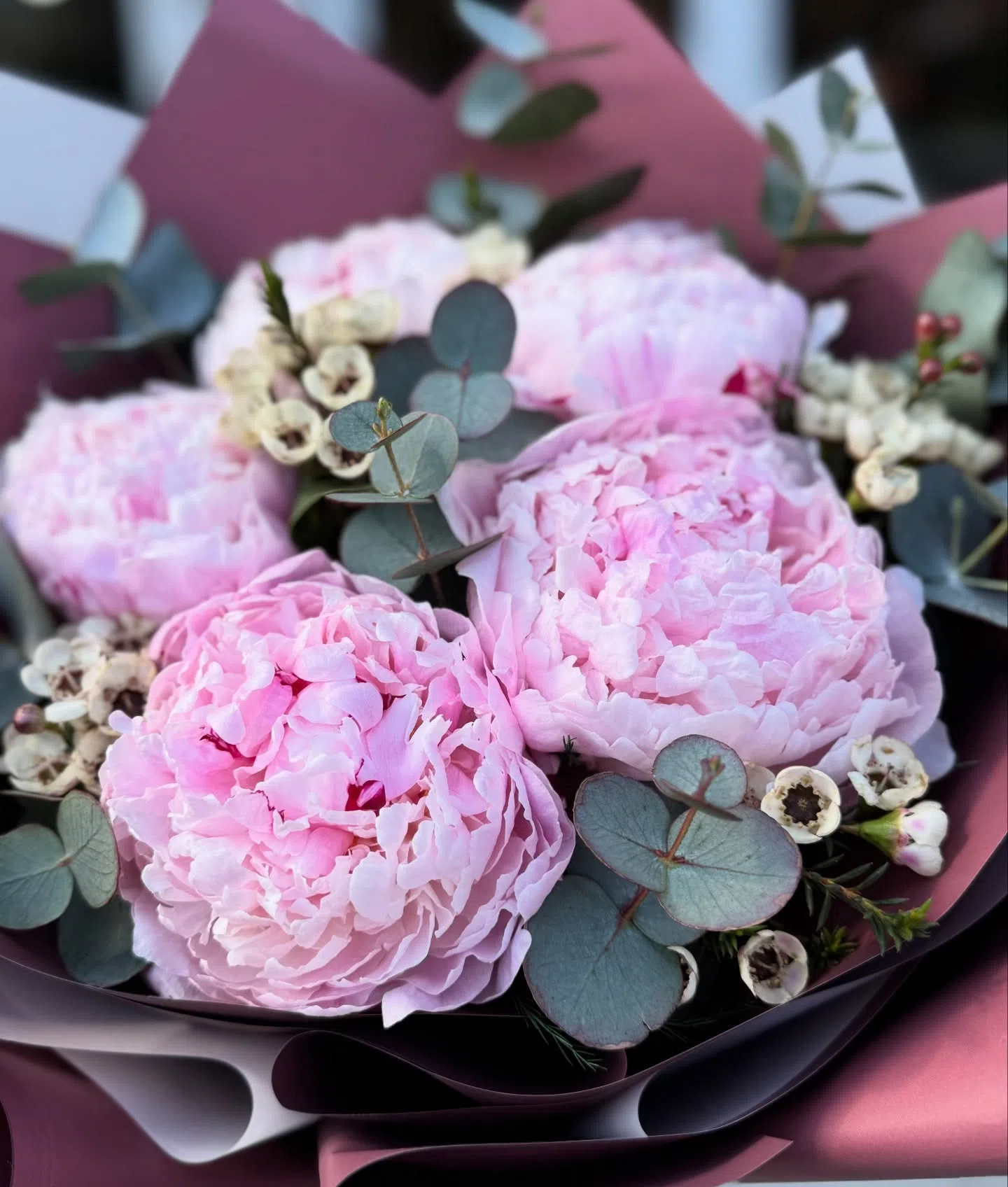 Pembe Şakayık Buketi – Bordo ve Beyaz Özel Tasarım Ambalajlı