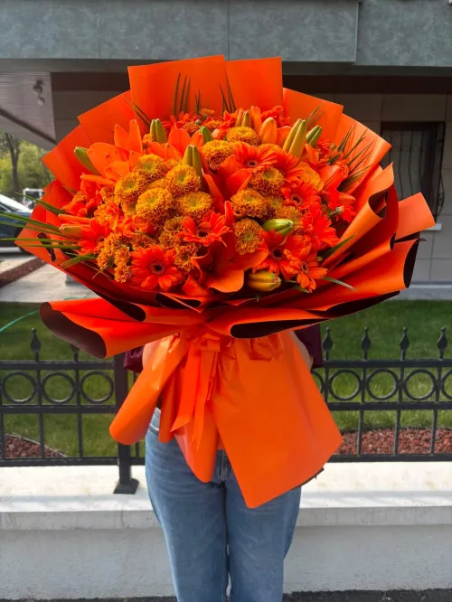 Turuncu Şaheser Lilyum ve Gerbera Buketi