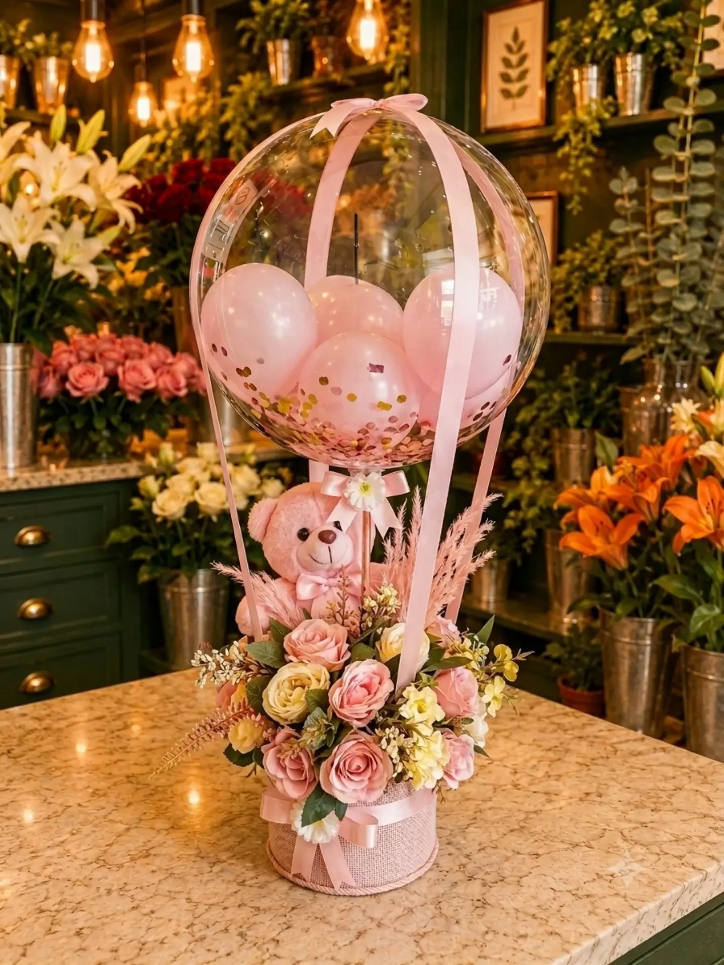 Pembe Bahar – Peluş Ayıcıklı Balon ve Pastel Gül Aranjmanı