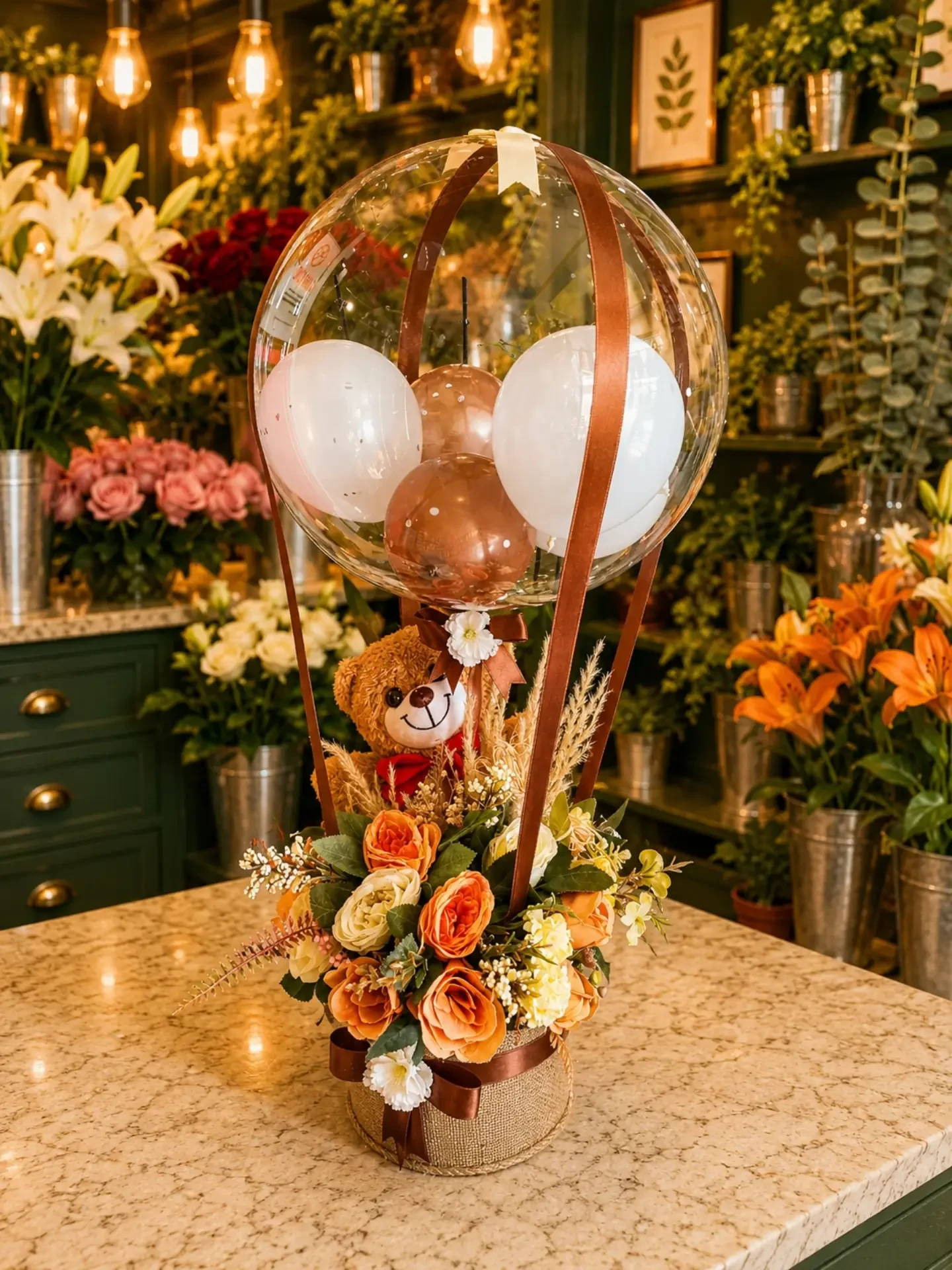 Sonbahar Esintisi – Peluş Ayıcıklı Turuncu Gül ve Balon Aranjmanı