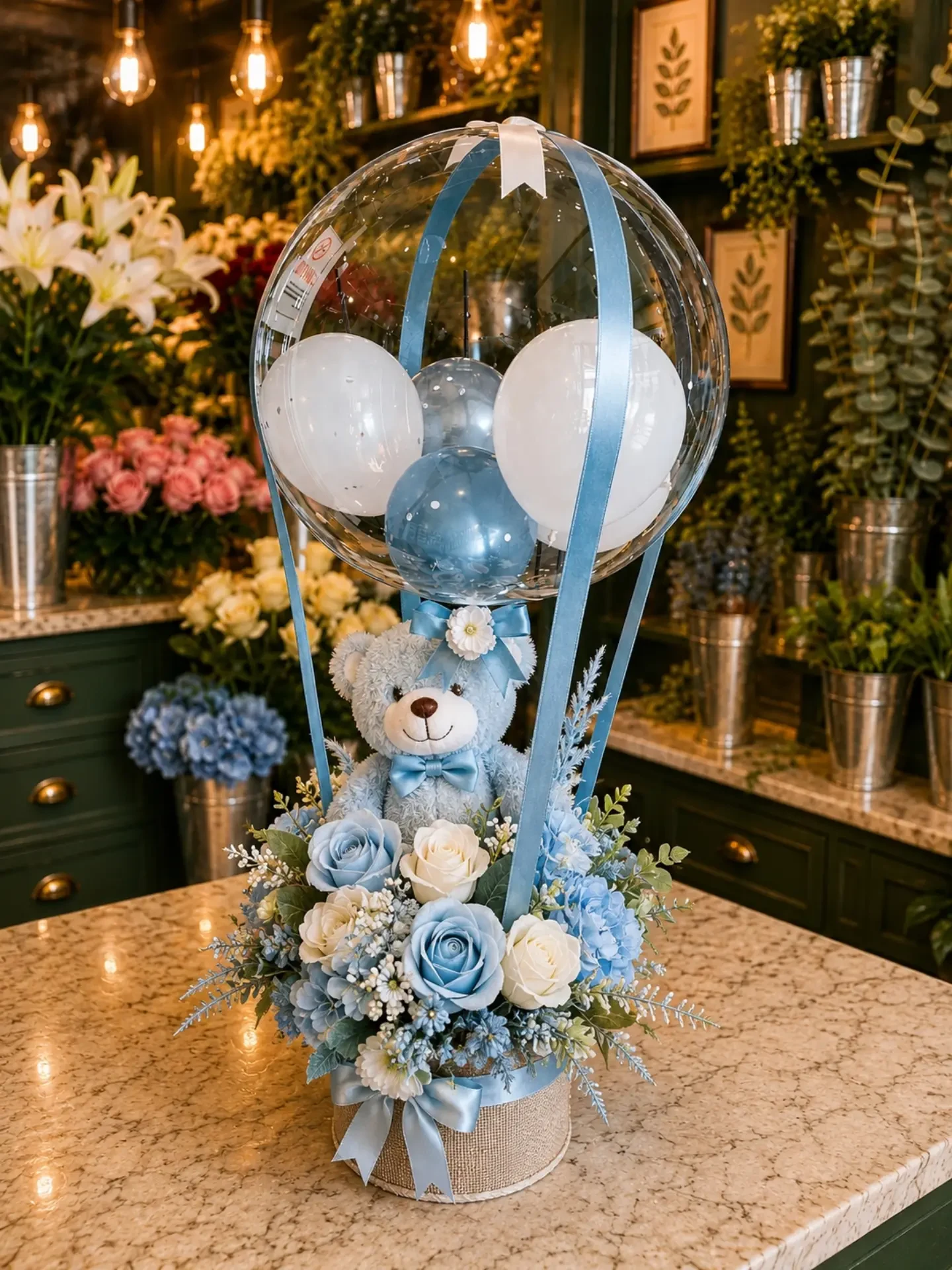 Mavi İnci – Peluş Ayıcıklı Balon ve Mavi Beyaz Gül Aranjmanı