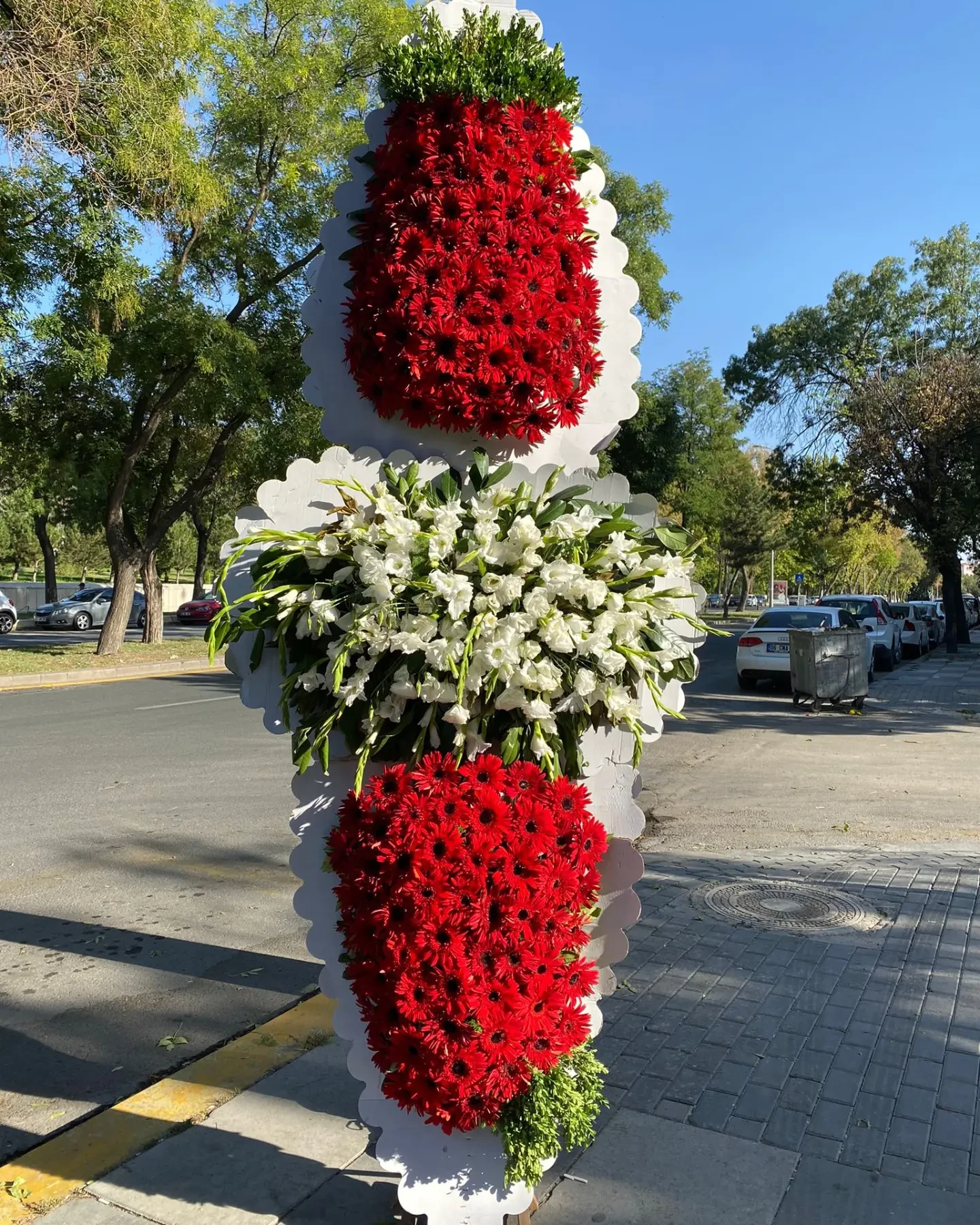 Kırmızı Gerbera ve Beyaz Glayöl ile Gösterişli Çelenk